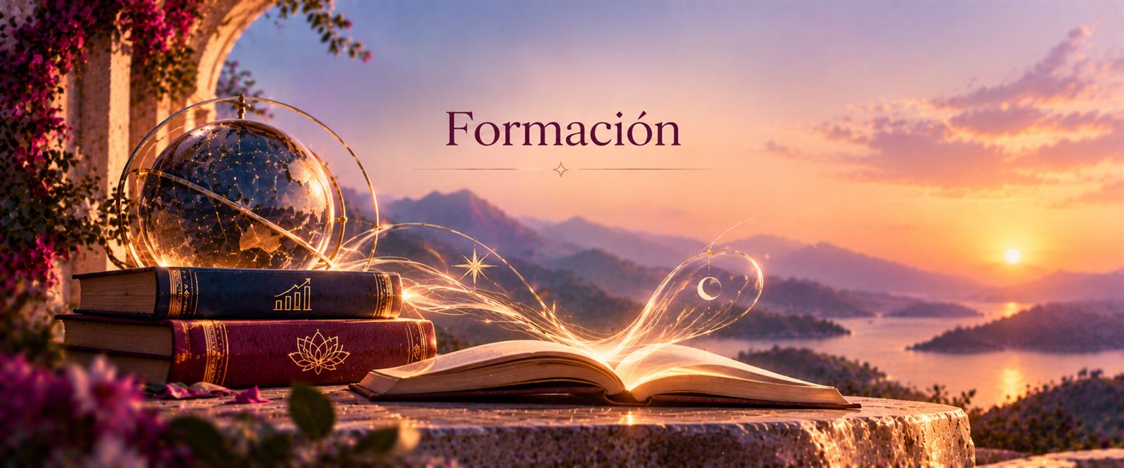 Formación. Libros con símbolos de negocios y espiritualidad, una esfera de cristal y un libro abierto del que salen destellos dorados, frente a un lago al atardecer.