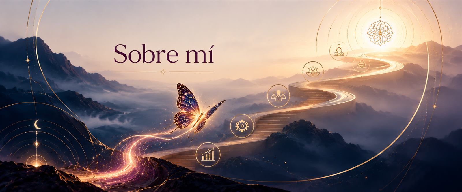 Sobre mí. Una mariposa luminosa vuela sobre un camino de escalones dorados entre montañas, con íconos de negocios y espiritualidad.