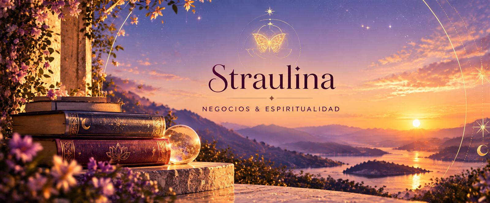 Straulina · Negocios & Espiritualidad. Libros, una esfera de cristal y flores frente a un lago al atardecer, con la mariposa dorada de la marca.