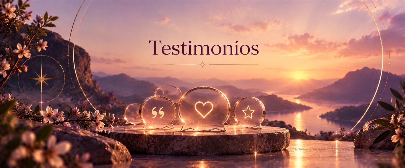 Testimonios. Burbujas de cristal con comillas, un corazón y una estrella sobre una piedra, frente a montañas al atardecer.